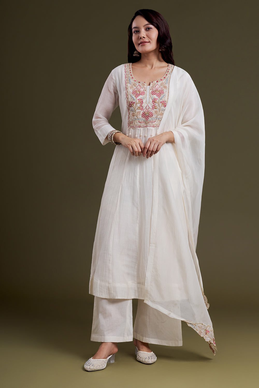 White Chanderi Silk Kurta with Resham Embroidery and Moti Work