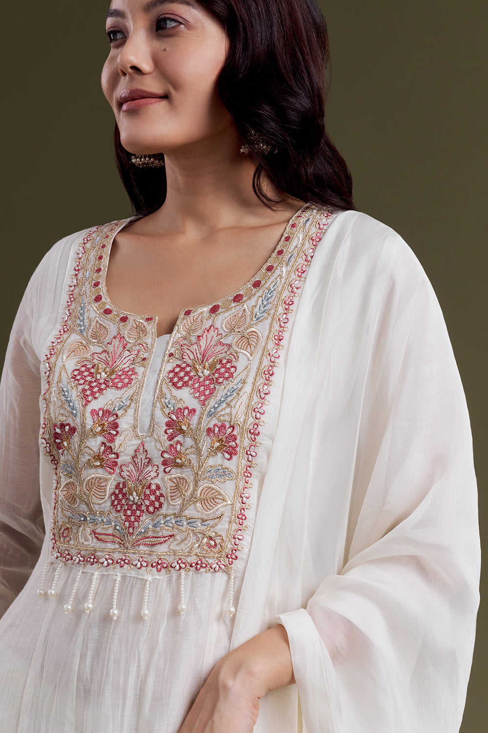White Chanderi Silk Kurta with Resham Embroidery and Moti Work
