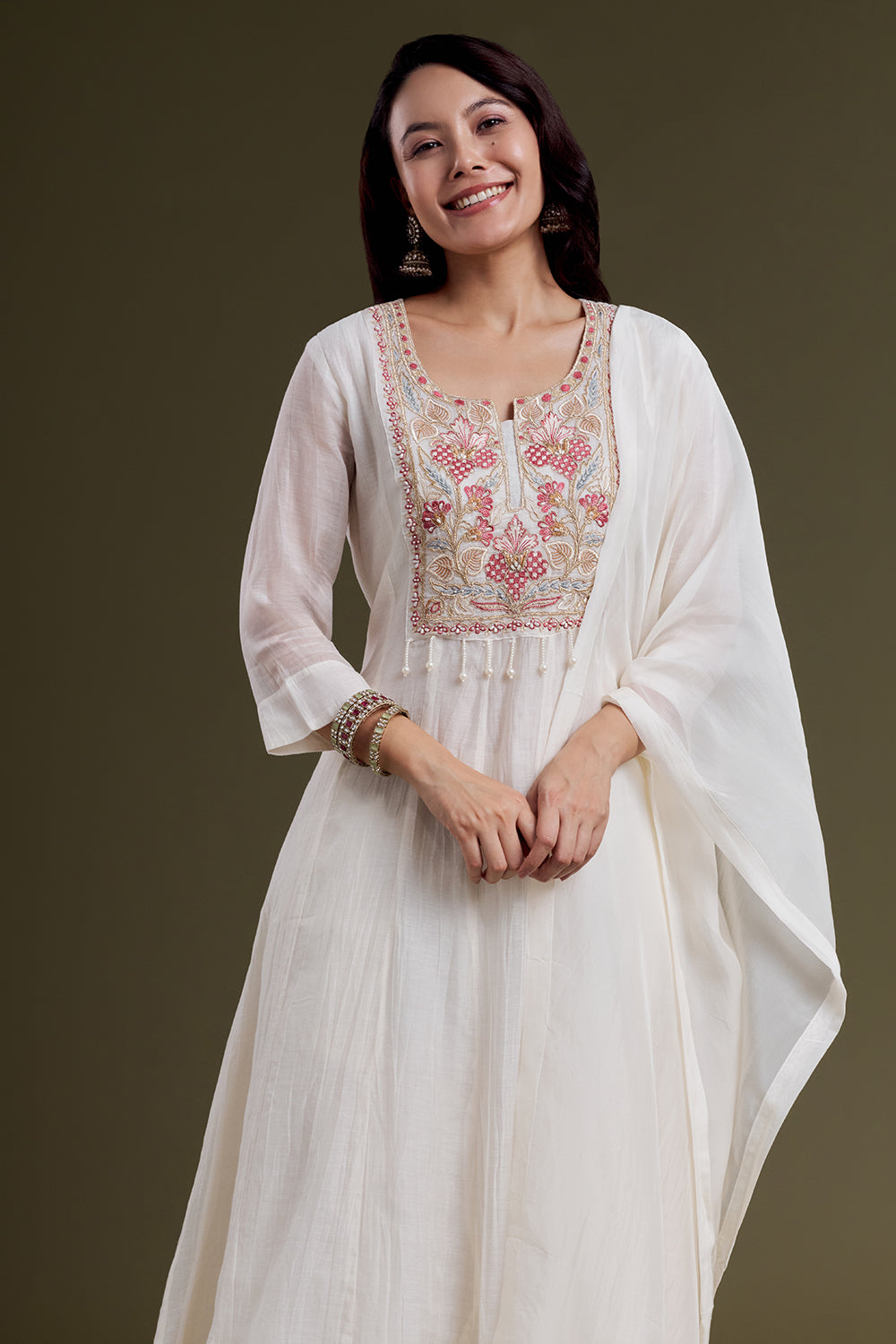 White Chanderi Silk Kurta with Resham Embroidery and Moti Work