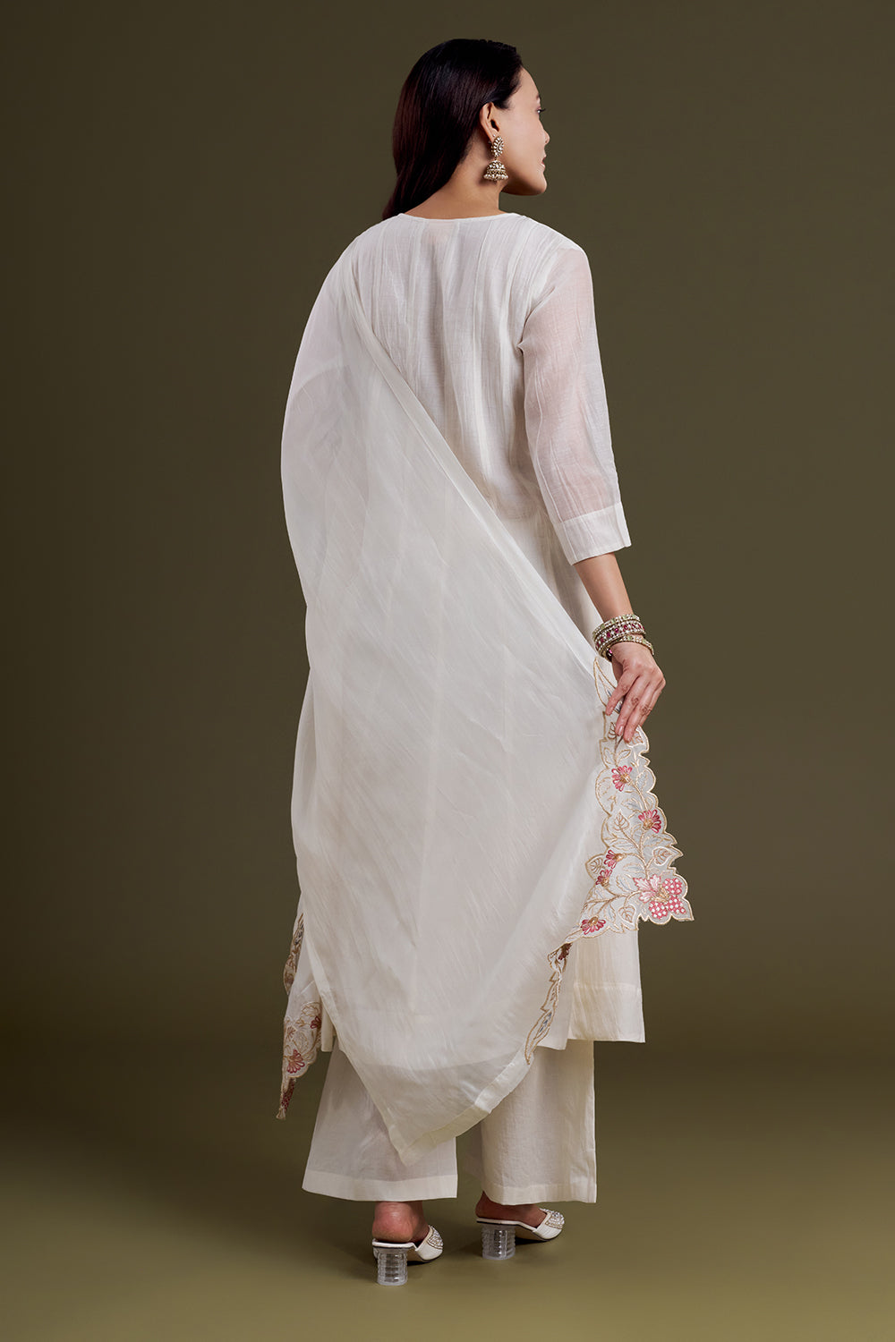 White Chanderi Silk Kurta with Resham Embroidery and Moti Work