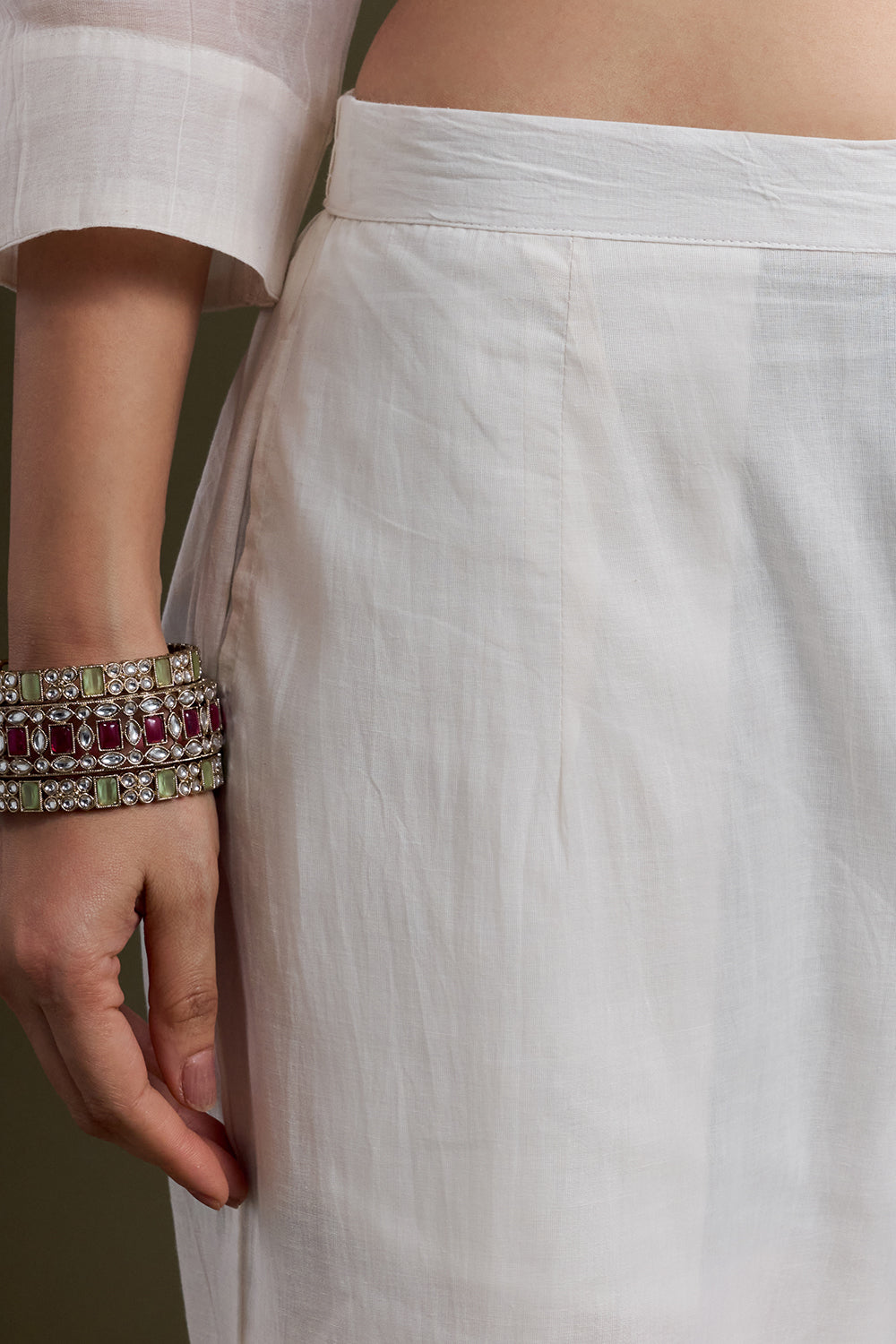 White Chanderi Silk Kurta with Resham Embroidery and Moti Work