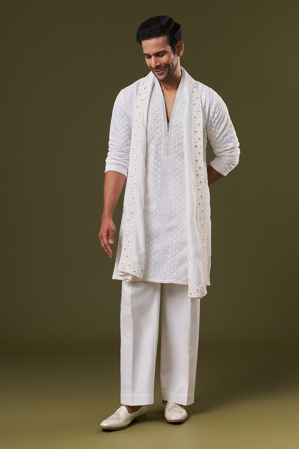 White Cotton Mens Kurta Set with Dori Sequins and Zardosi Work