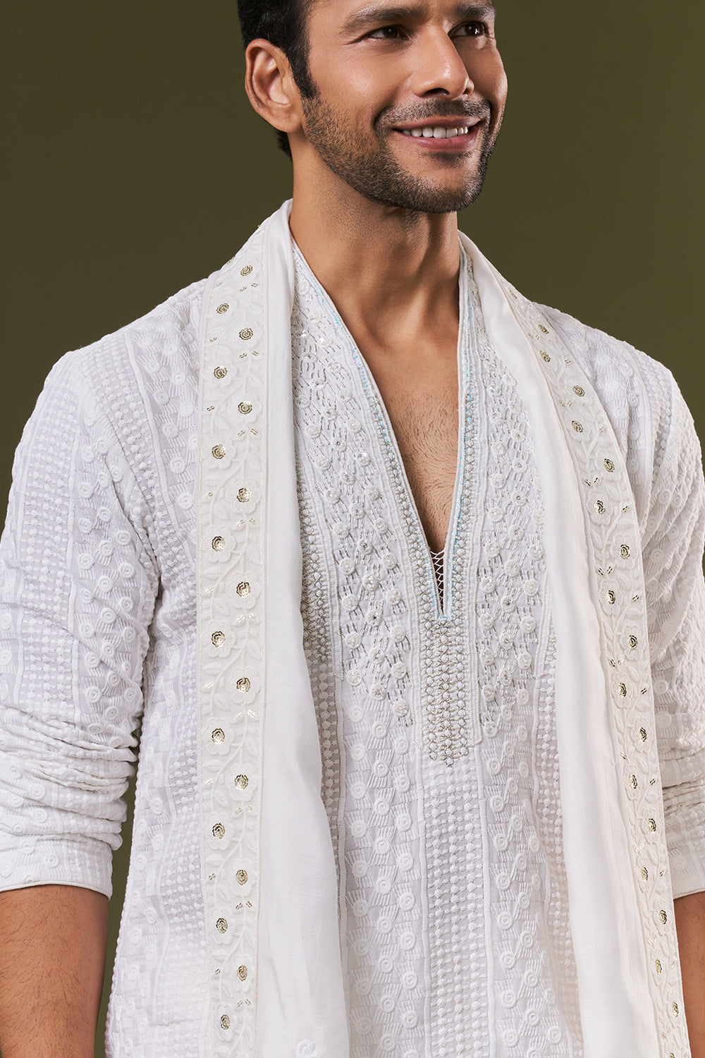 White Cotton Mens Kurta Set with Dori Sequins and Zardosi Work