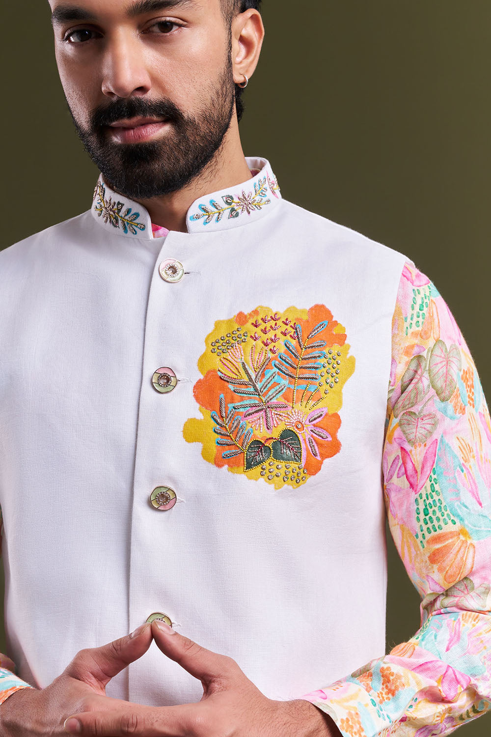 White Cotton Printed Men’s Kurta with Embellished Jacket