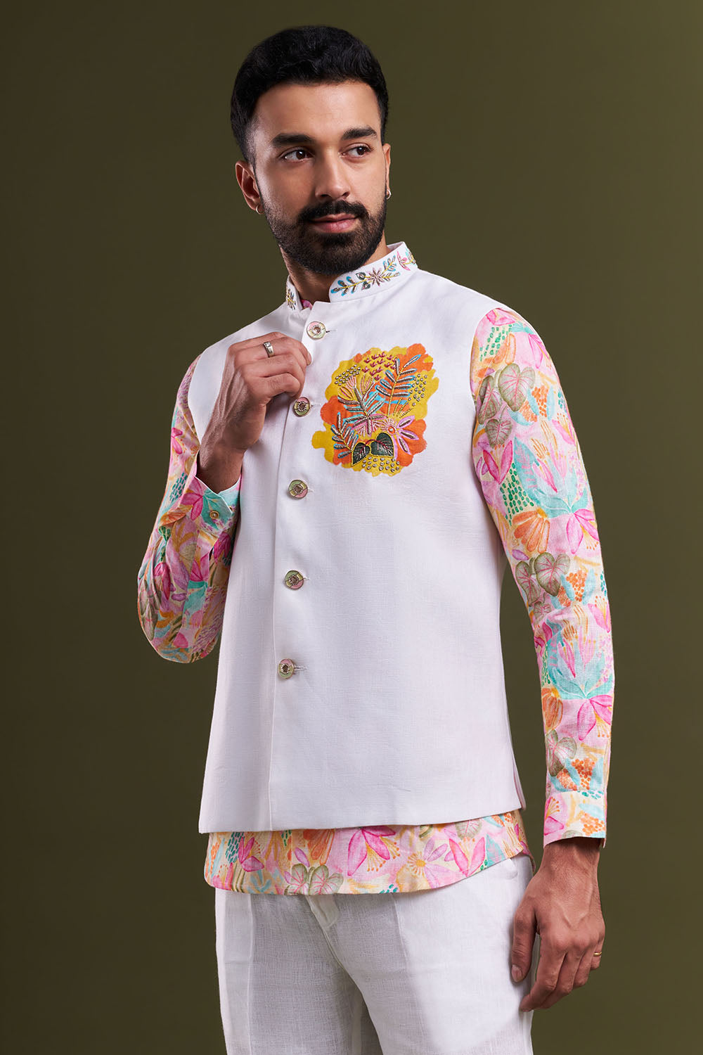 White Cotton Printed Men’s Kurta with Embellished Jacket