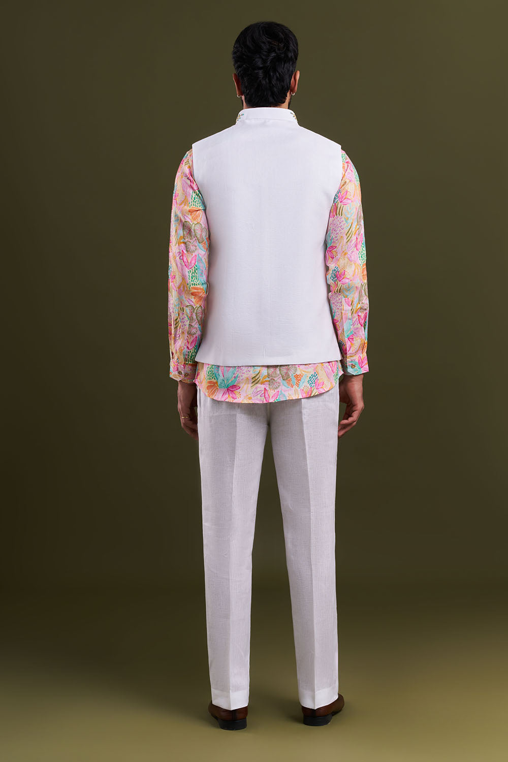 White Cotton Printed Men’s Kurta with Embellished Jacket