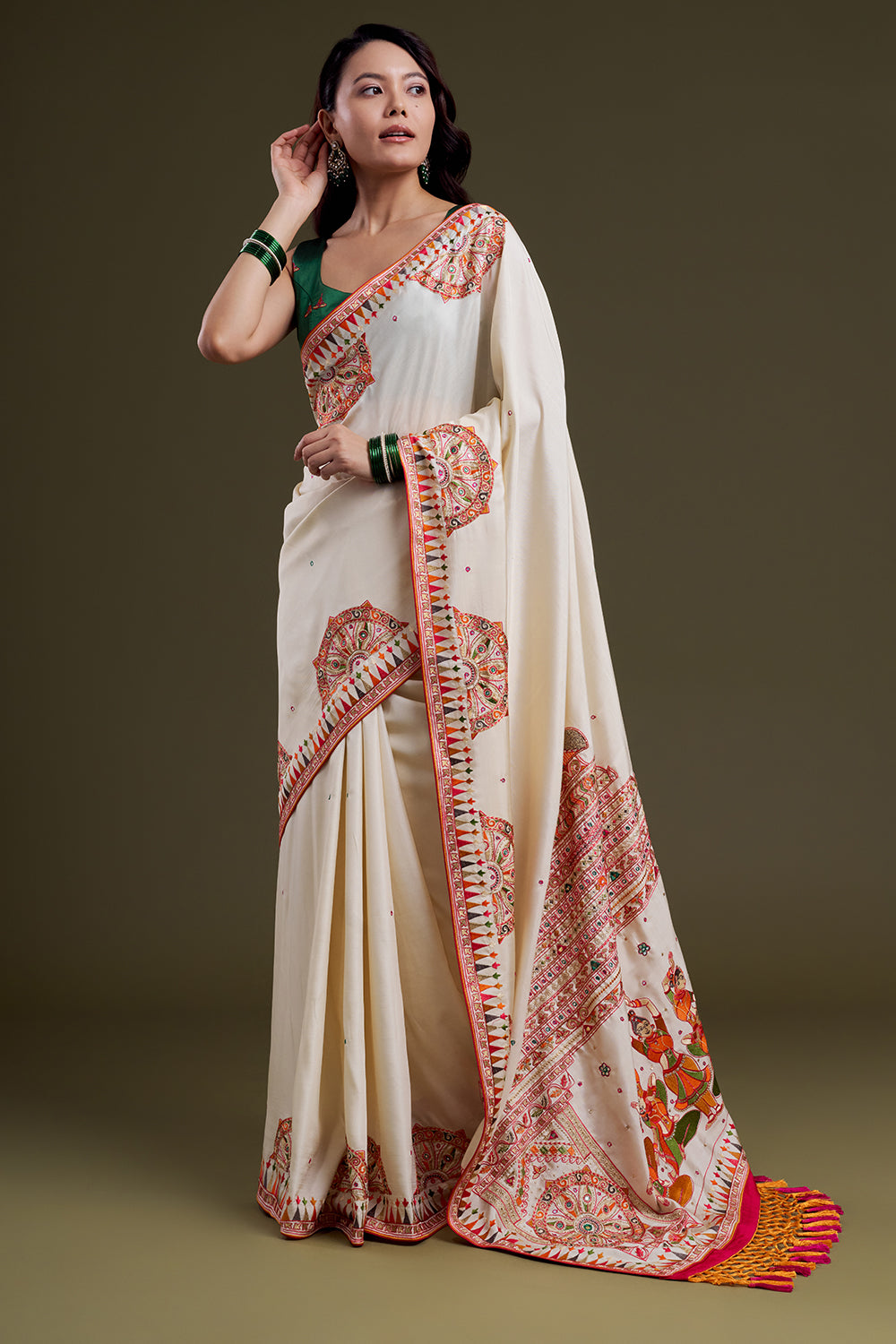 White Folk Silk Embroidered Saree