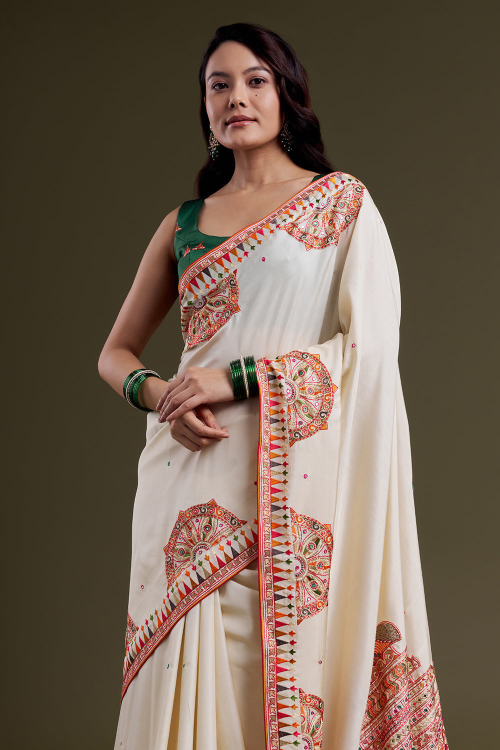 White Folk Silk Embroidered Saree