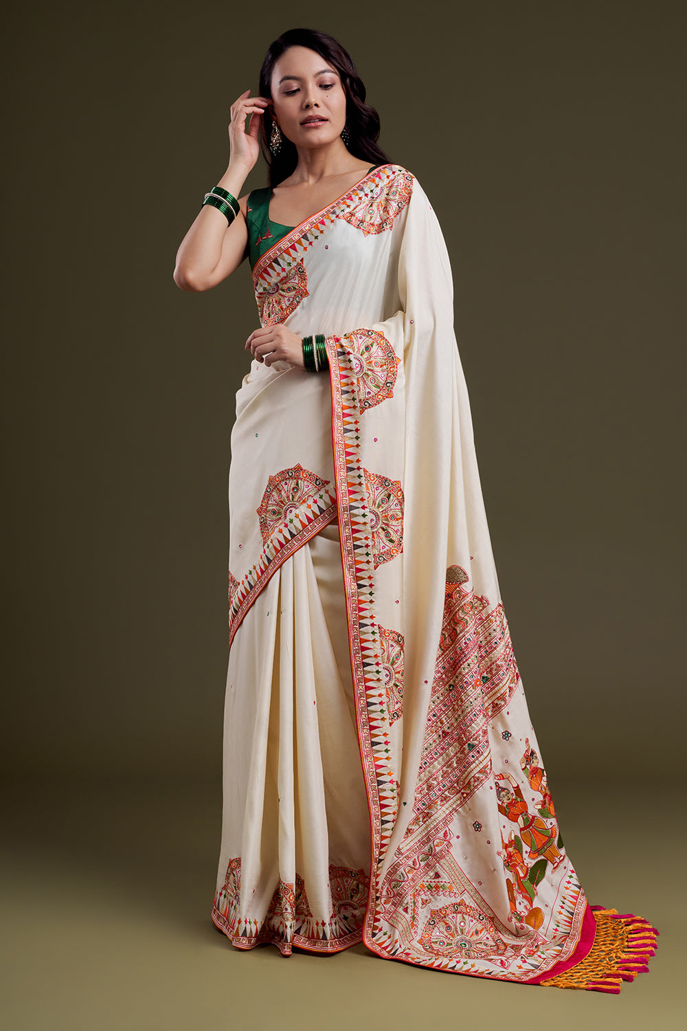 White Folk Silk Embroidered Saree