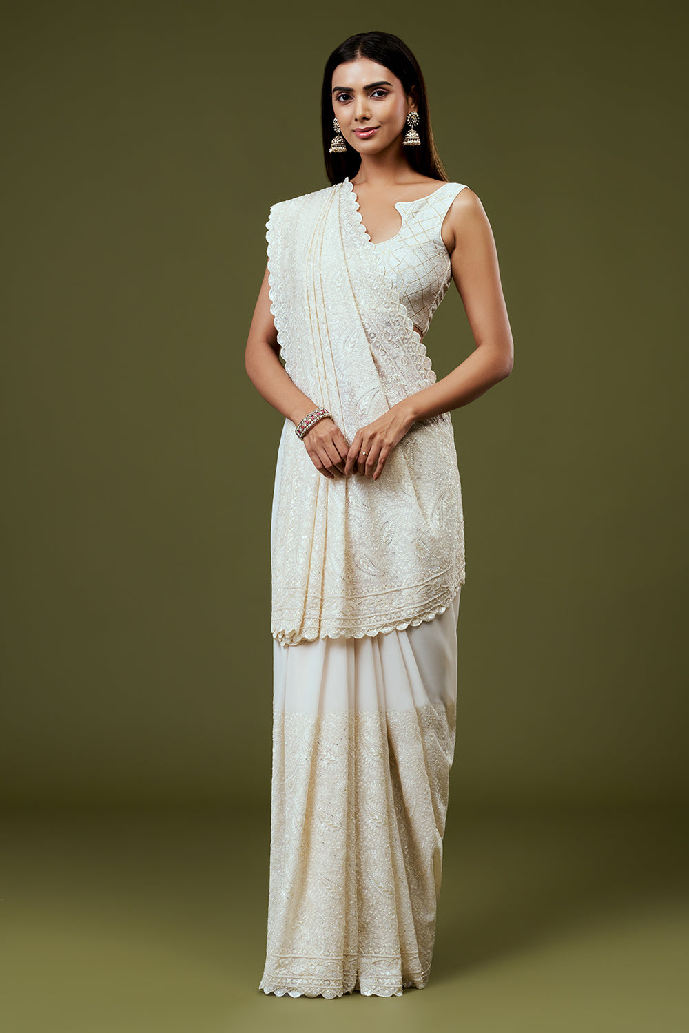 White Georgette Lucknowi Saree with Hand Embroidery