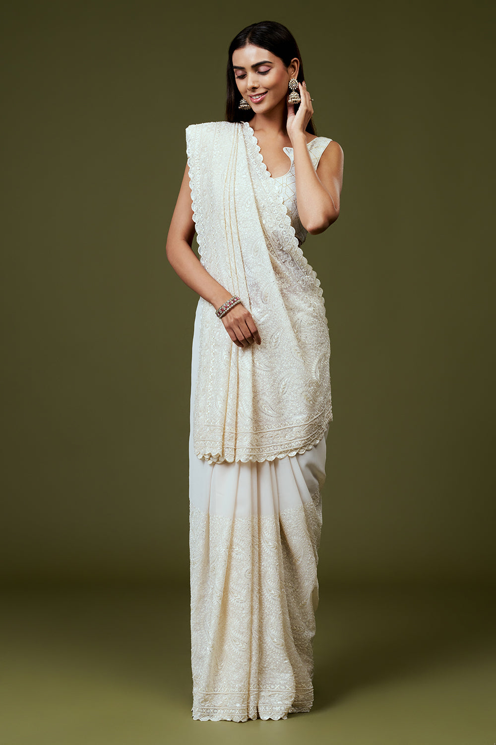 White Georgette Lucknowi Saree with Hand Embroidery
