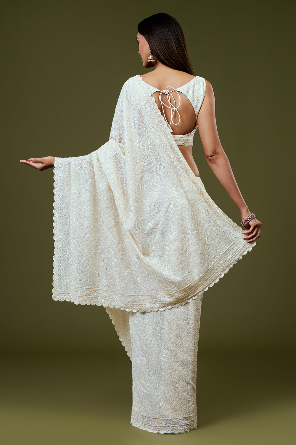White Georgette Lucknowi Saree with Hand Embroidery