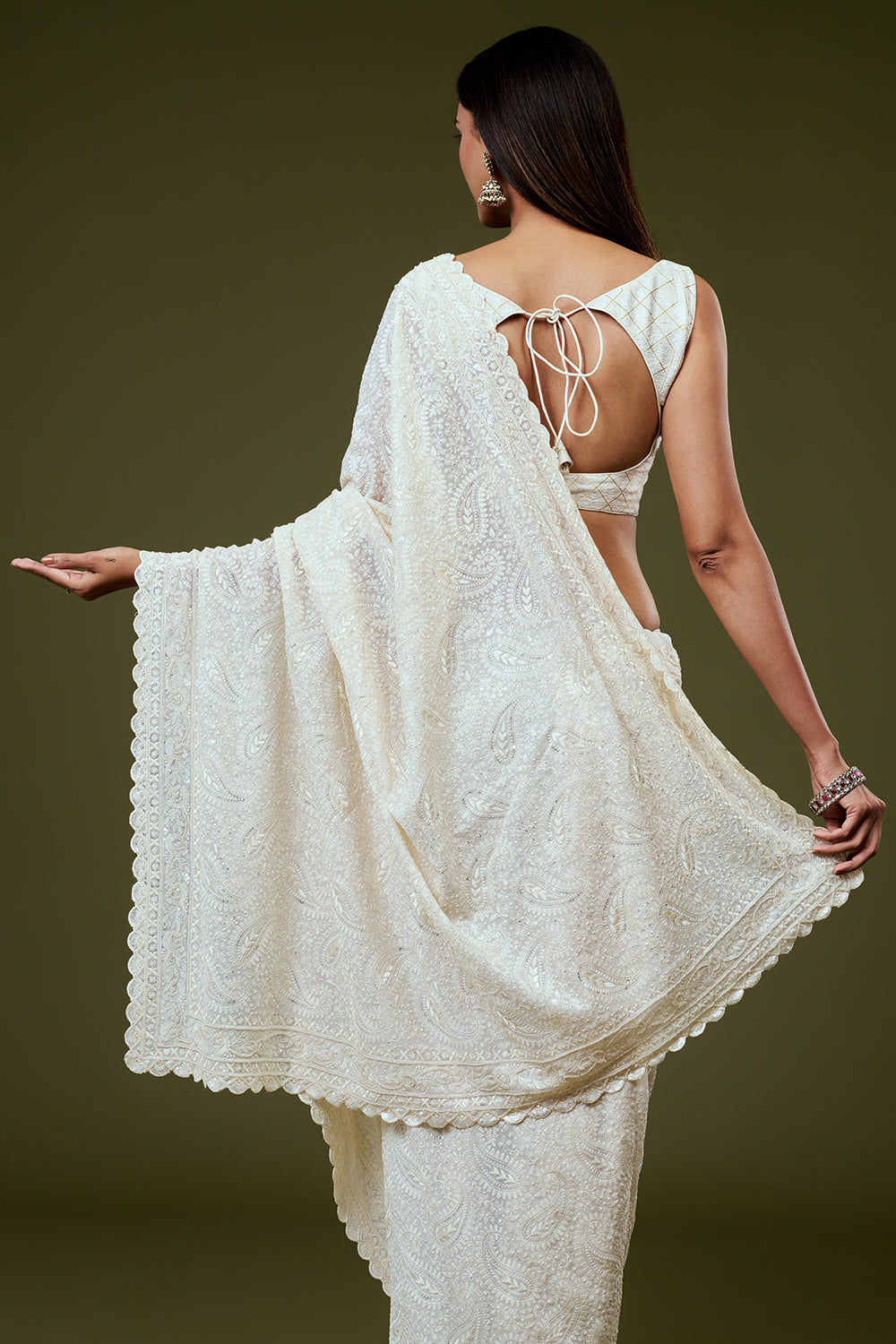 White Georgette Lucknowi Saree with Hand Embroidery
