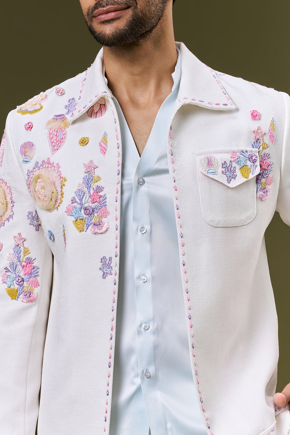 White Linen Cotton Mens Indo Western Set with 3D Flowers and Resham Work