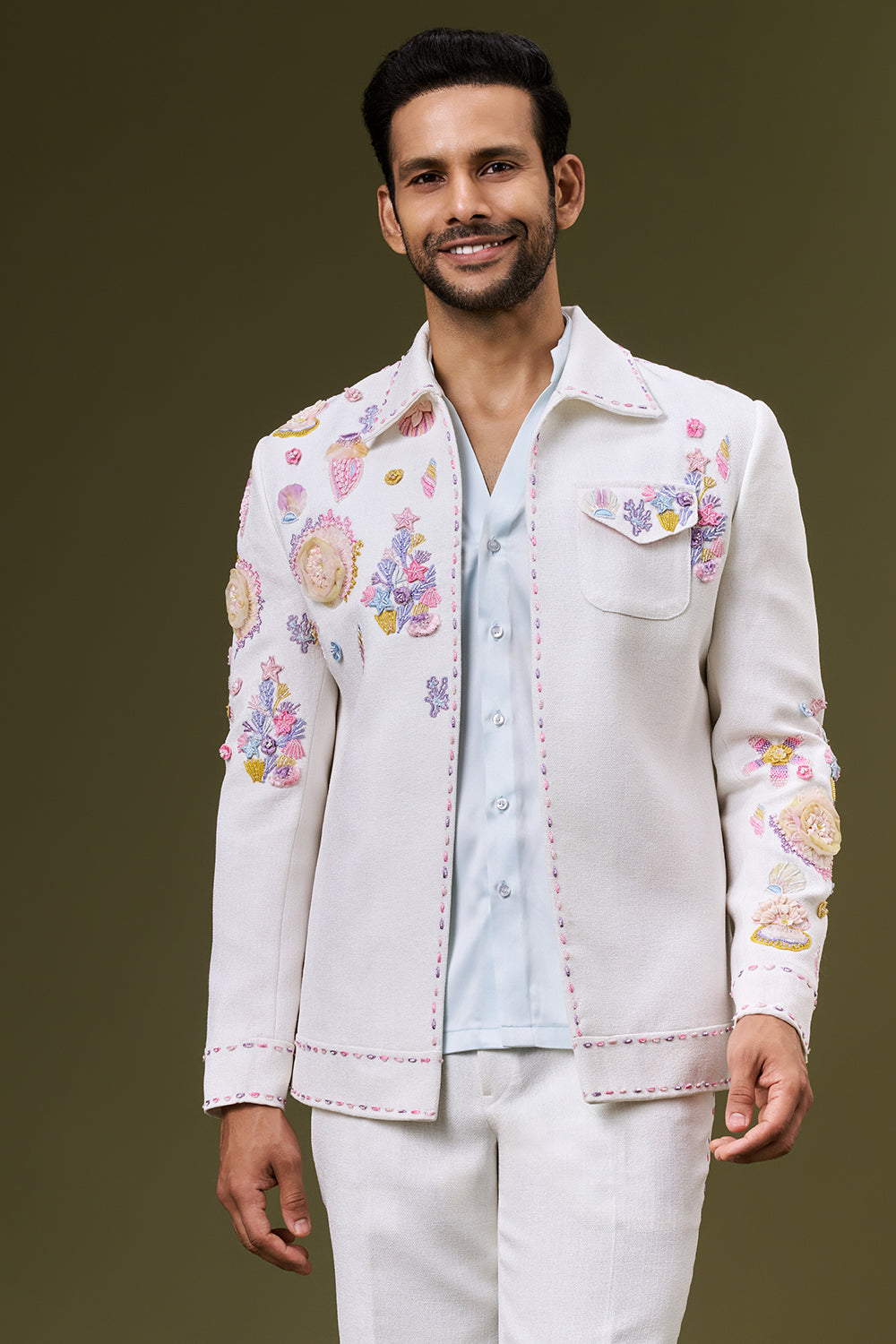White Linen Cotton Mens Indo Western Set with 3D Flowers and Resham Work