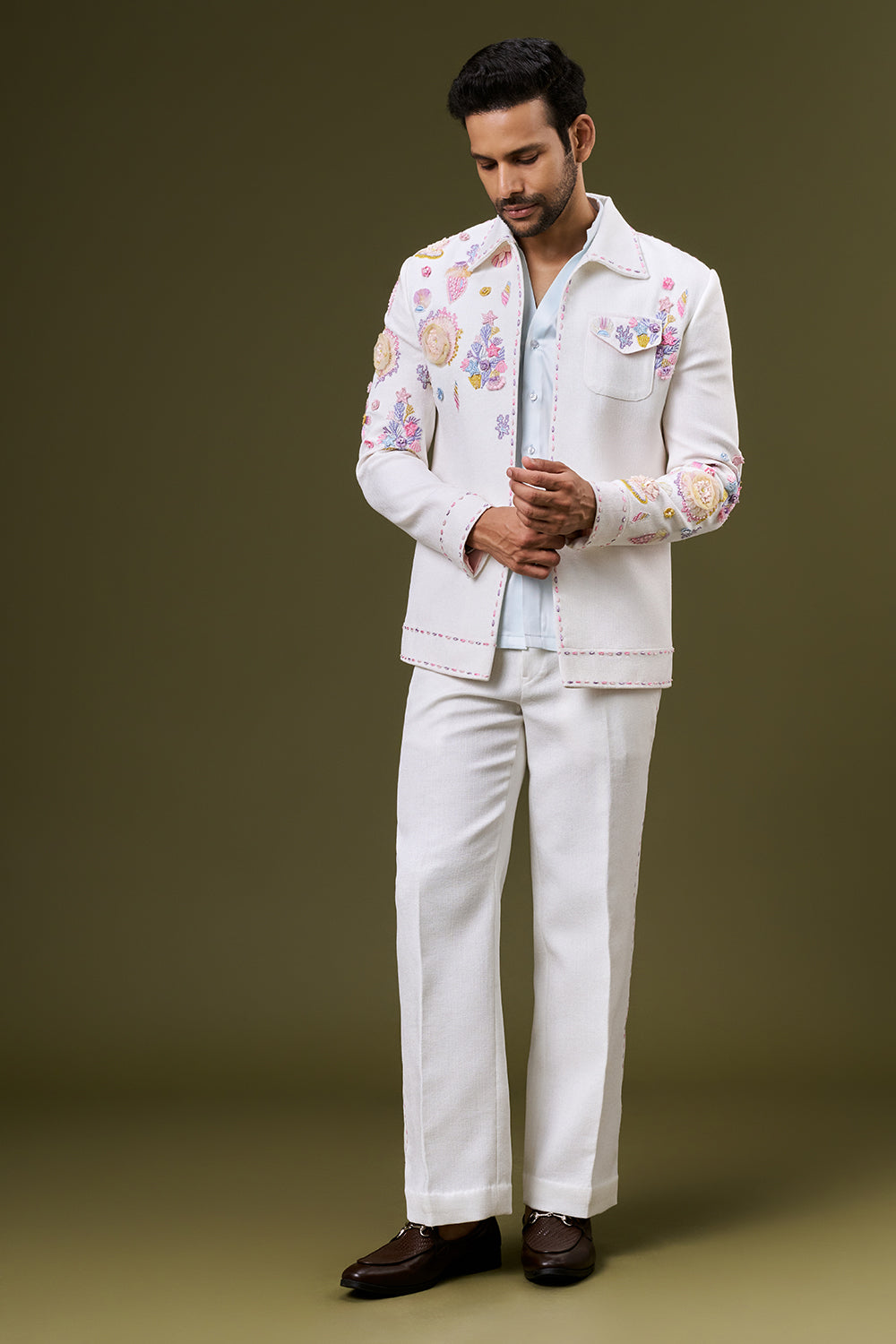 White Linen Cotton Mens Indo Western Set with 3D Flowers and Resham Work