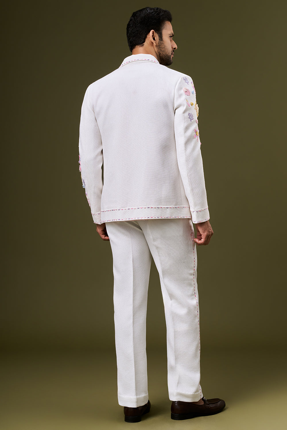White Linen Cotton Mens Indo Western Set with 3D Flowers and Resham Work