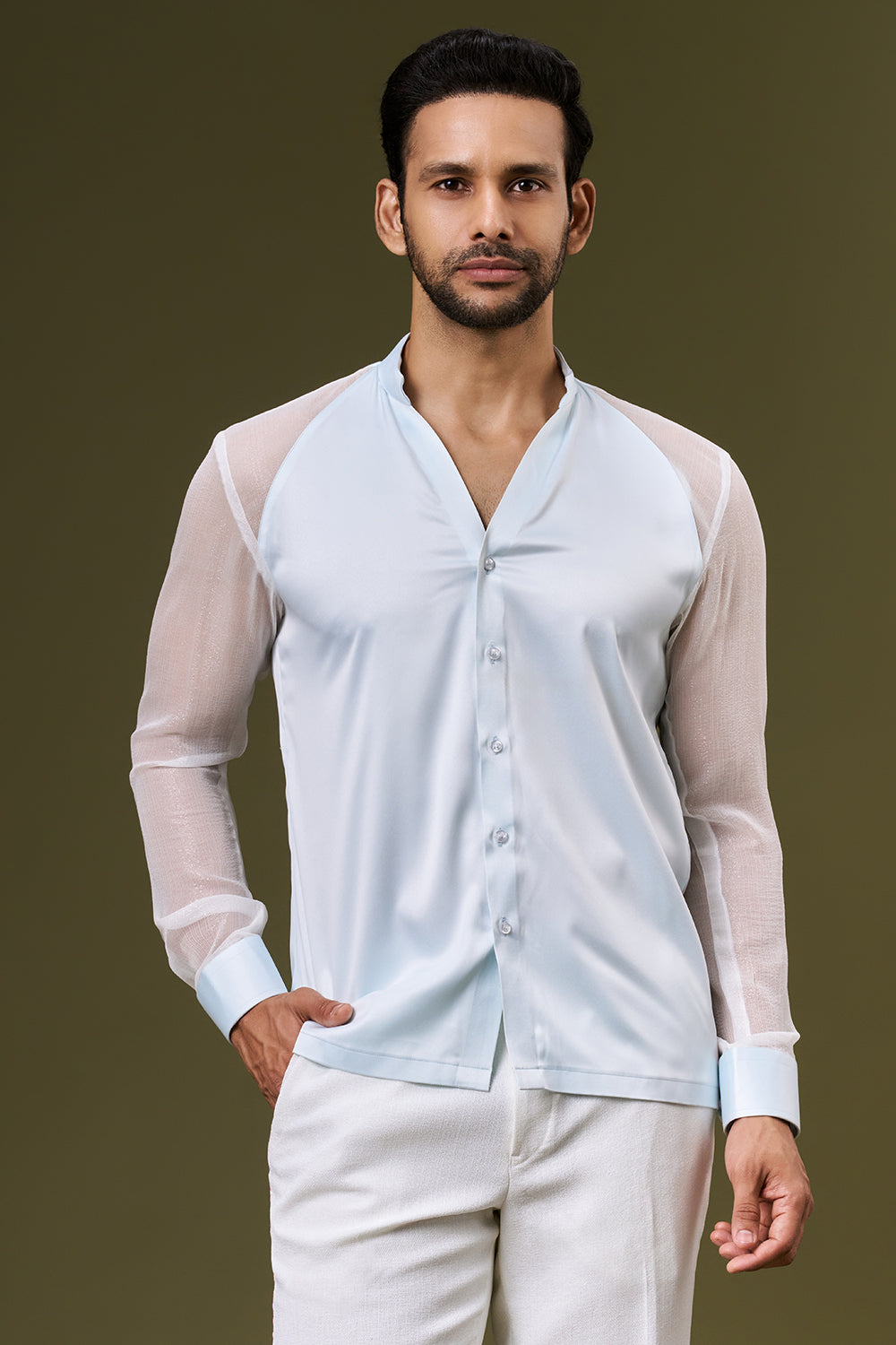 White Linen Cotton Mens Indo Western Set with 3D Flowers and Resham Work