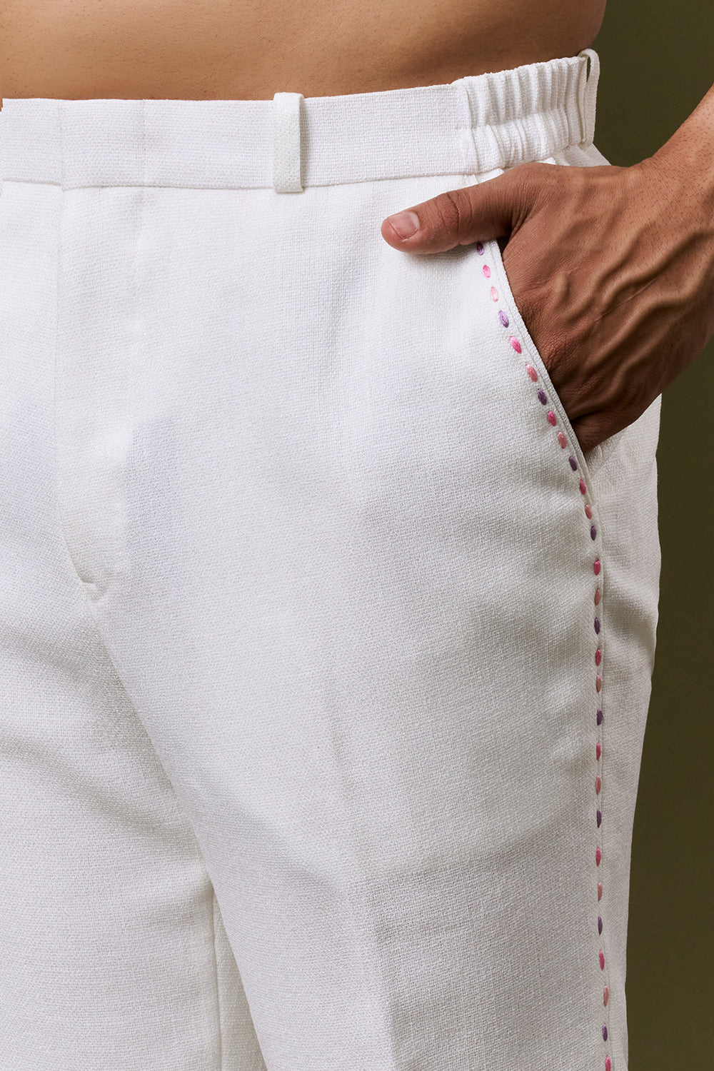 White Linen Cotton Mens Indo Western Set with 3D Flowers and Resham Work