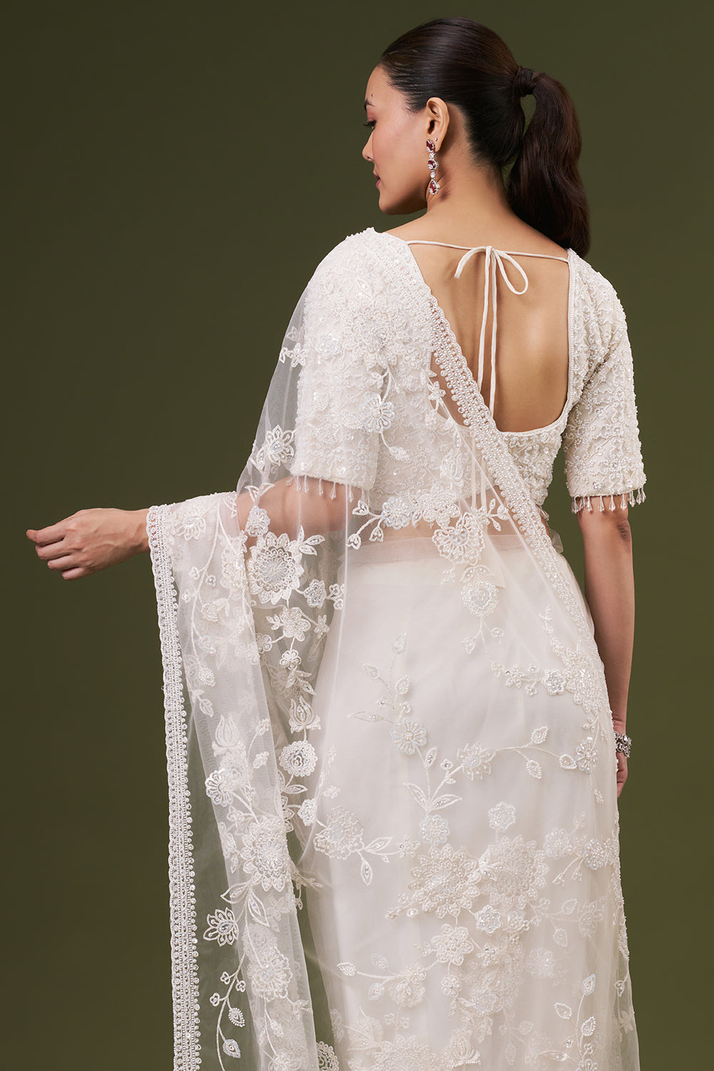 White Net Embroidered Saree with Thread and Sequin Work