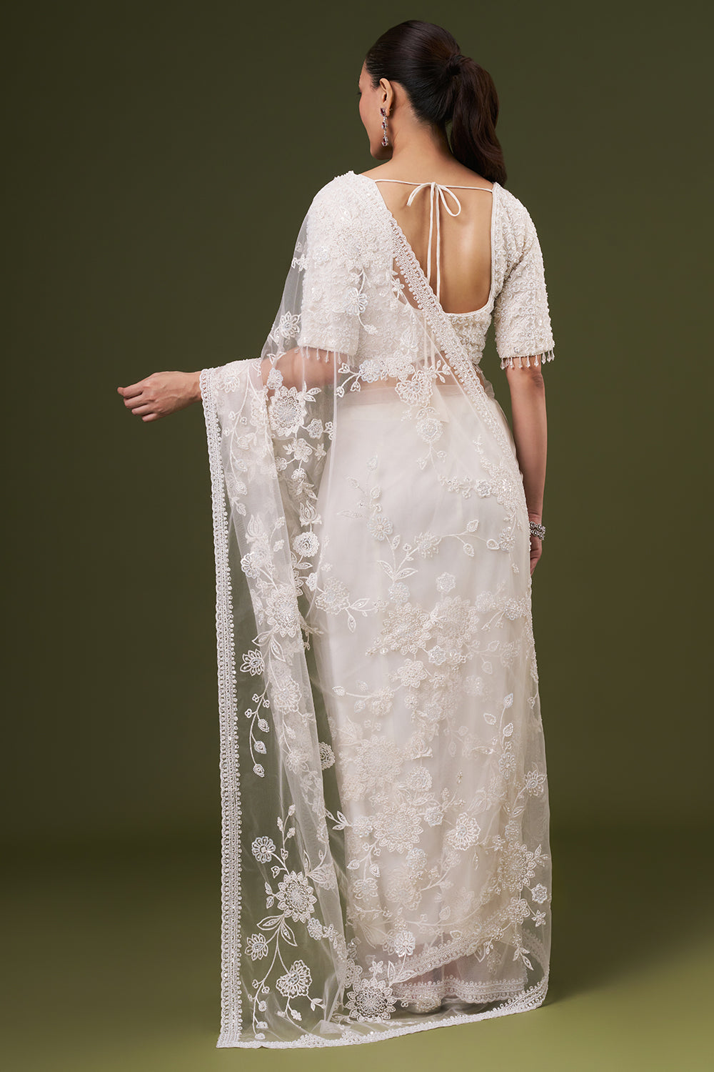 White Net Embroidered Saree with Thread and Sequin Work