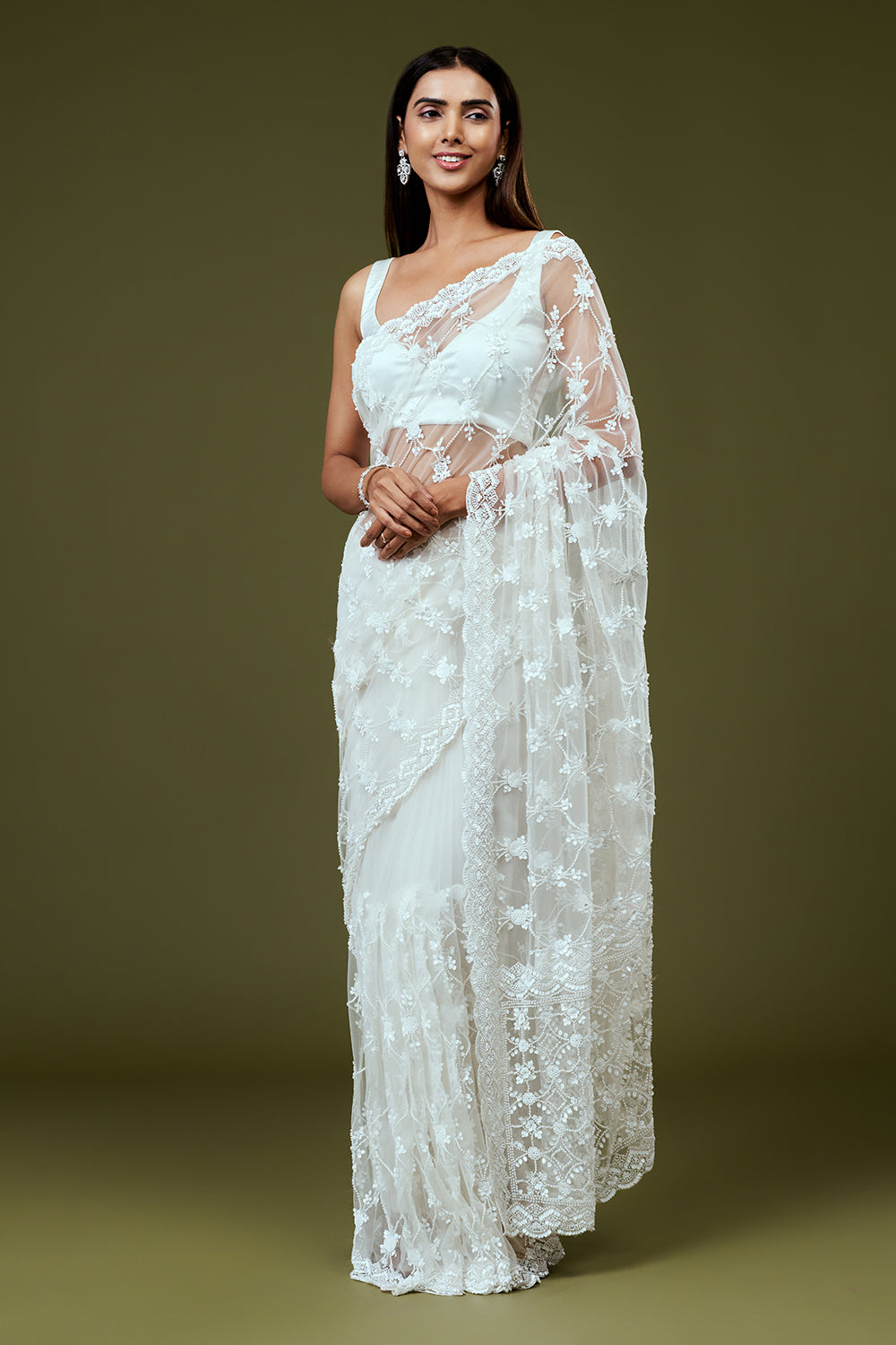 White Net Saree with Moti Work