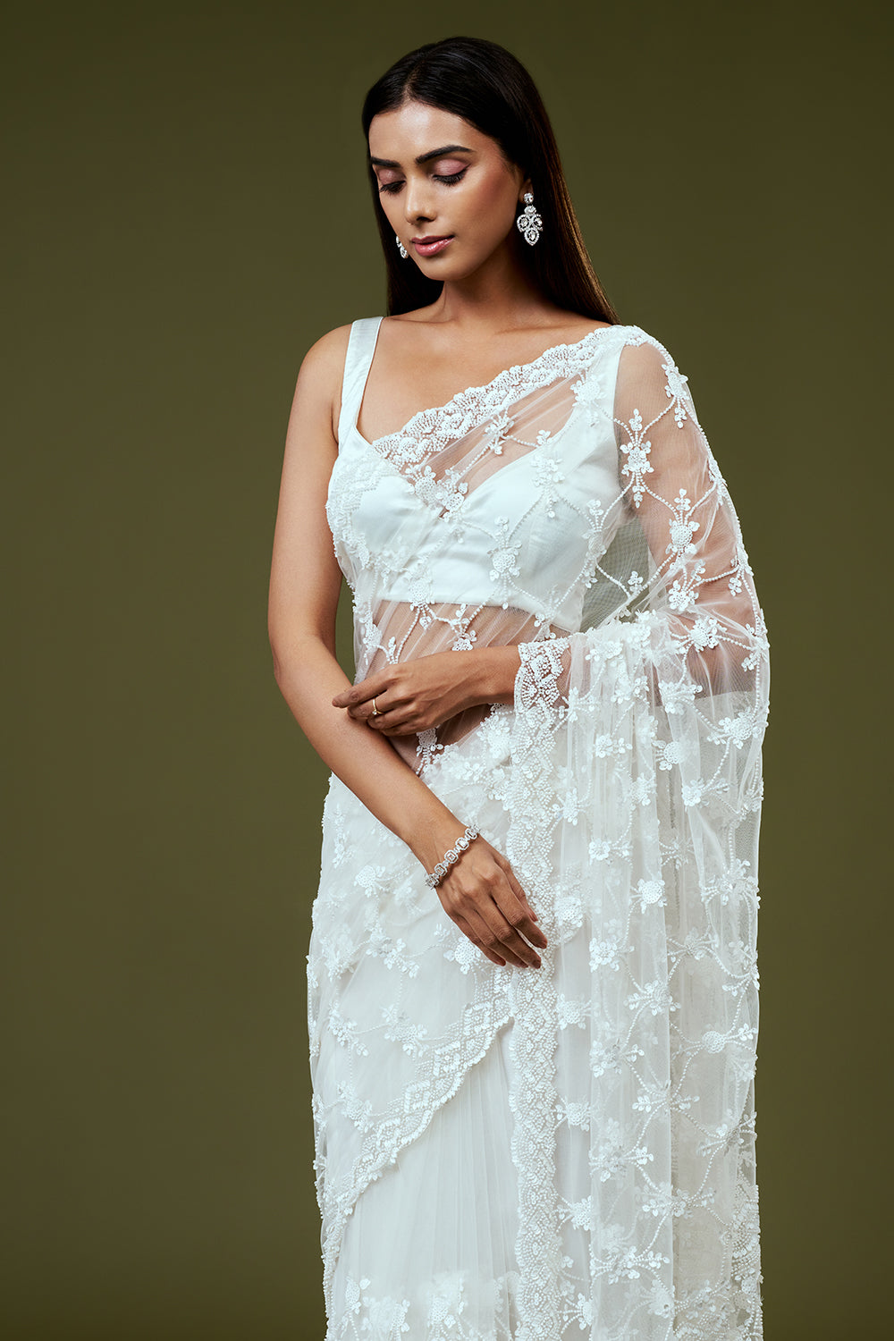 White Net Saree with Moti Work