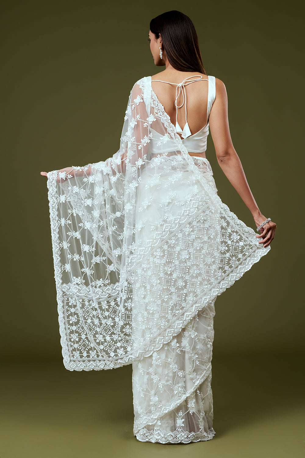 White Net Saree with Moti Work