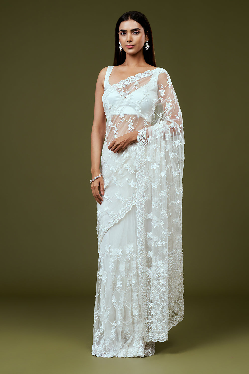 White Net Saree with Moti Work