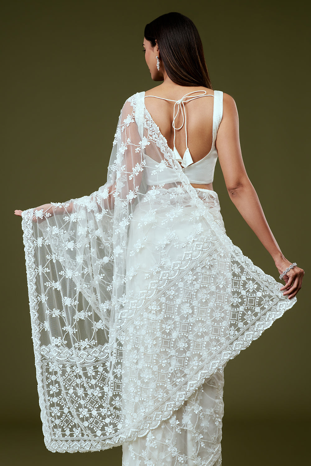 White Net Saree with Moti Work
