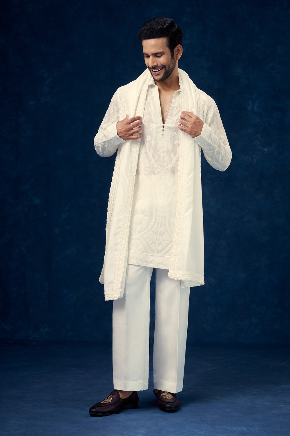 White Organza Mens Kurta Set with Applique Work and Dupatta