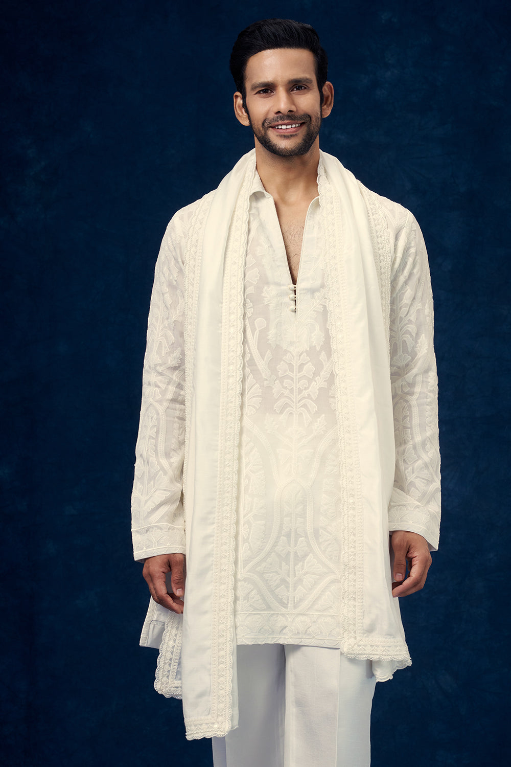 White Organza Mens Kurta Set with Applique Work and Dupatta