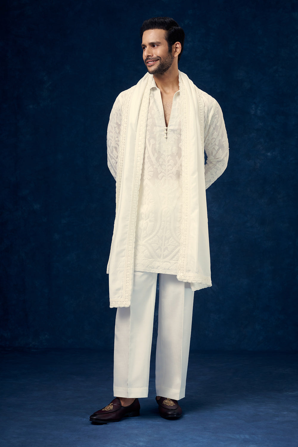 White Organza Mens Kurta Set with Applique Work and Dupatta