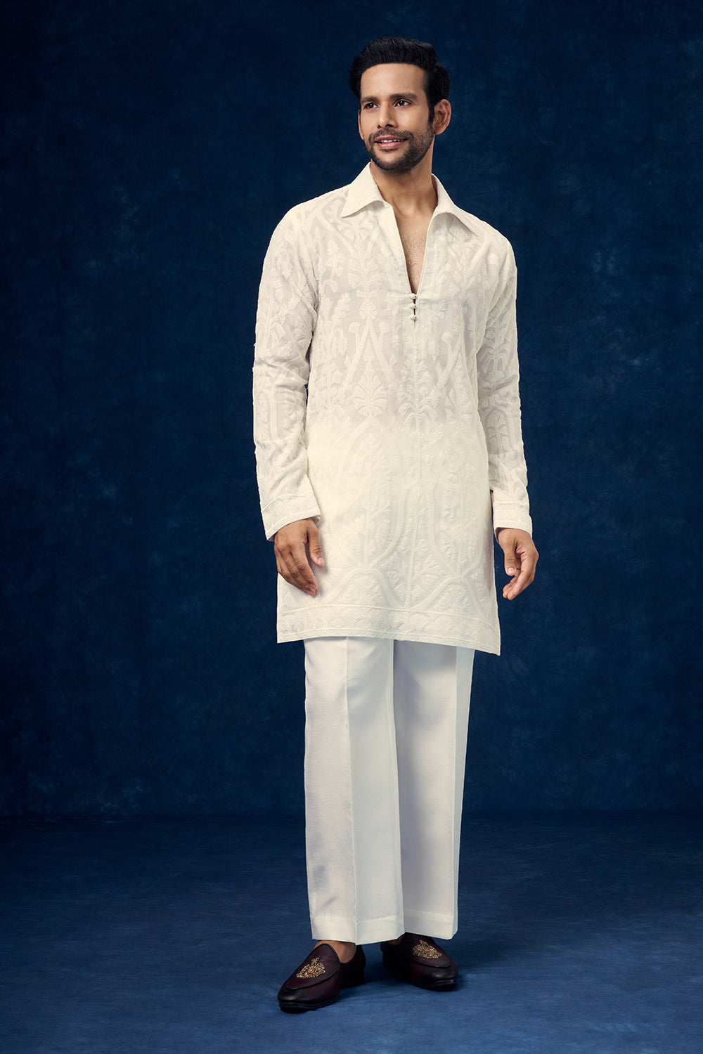 White Organza Mens Kurta Set with Applique Work and Dupatta