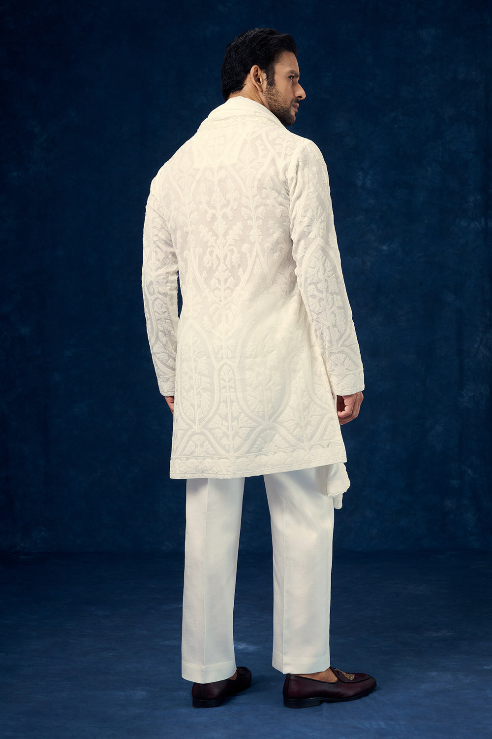 White Organza Mens Kurta Set with Applique Work and Dupatta