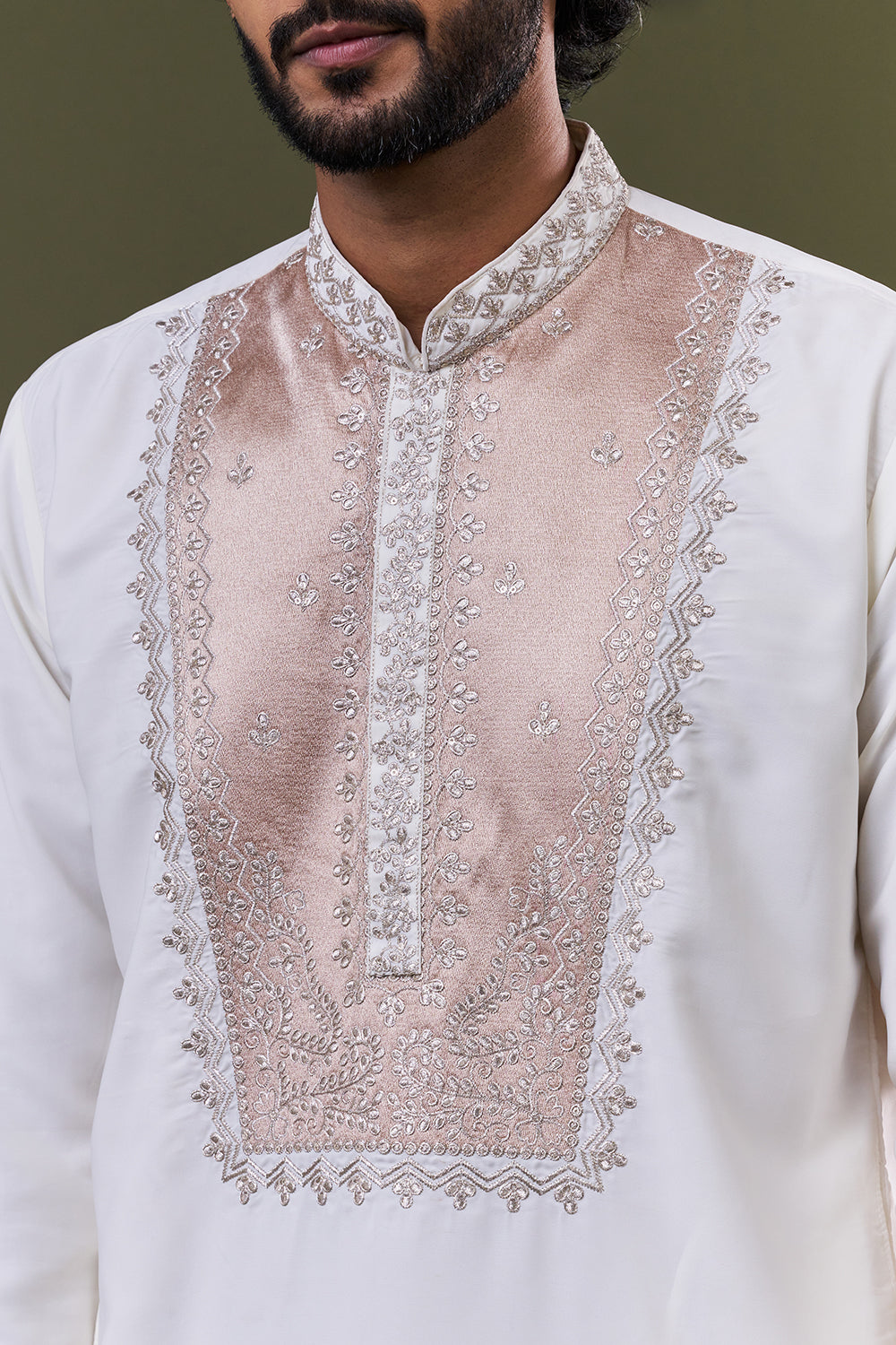 White Polyester Cotton Resham Zari Yoke Embellished Kurta Set