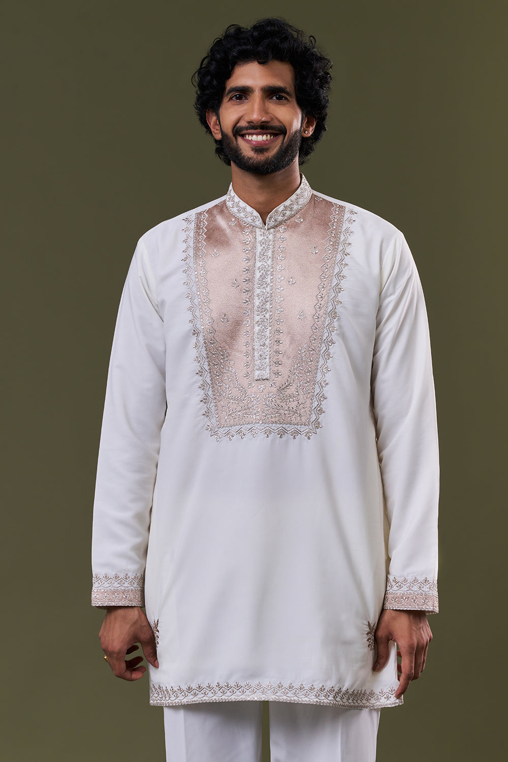 White Polyester Cotton Resham Zari Yoke Embellished Kurta Set