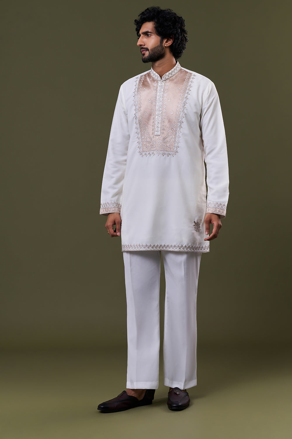 White Polyester Cotton Resham Zari Yoke Embellished Kurta Set