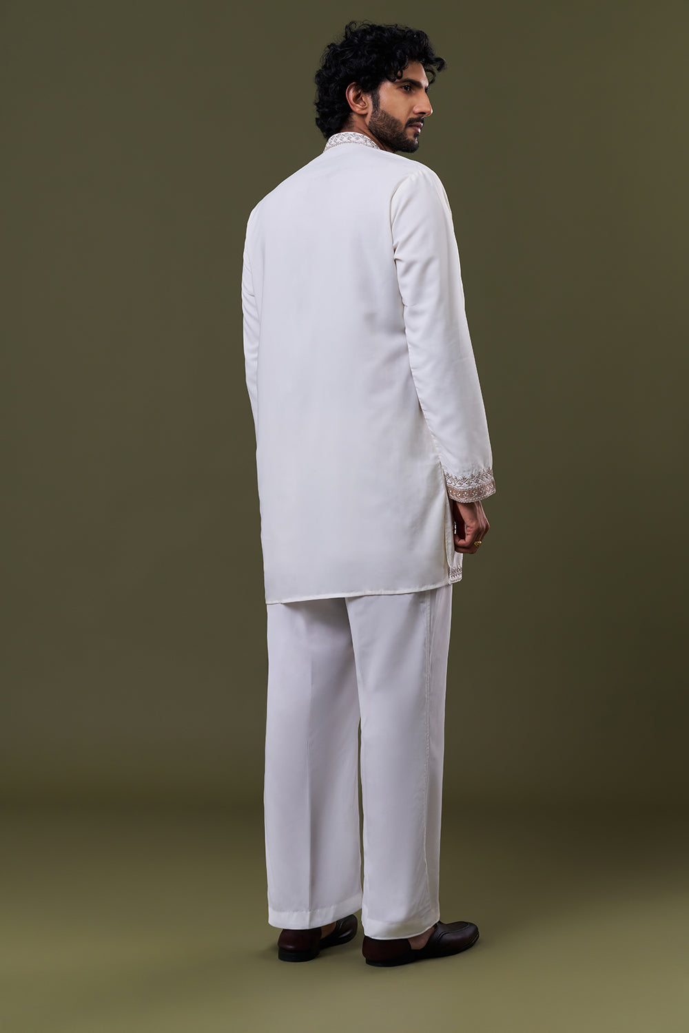White Polyester Cotton Resham Zari Yoke Embellished Kurta Set
