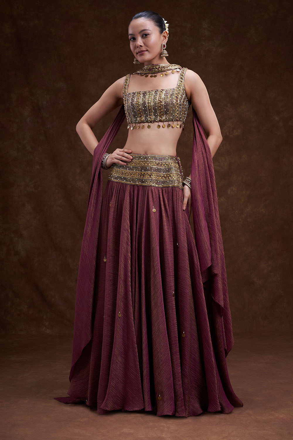 Wine Embellished Lehenga Set