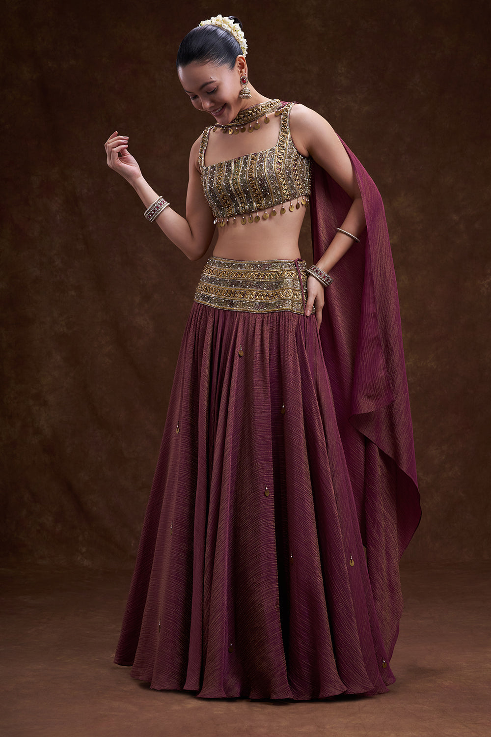 Wine Embellished Lehenga Set