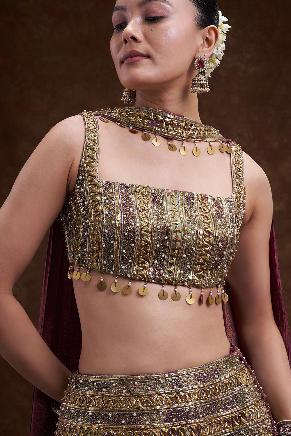 Wine Embellished Lehenga Set