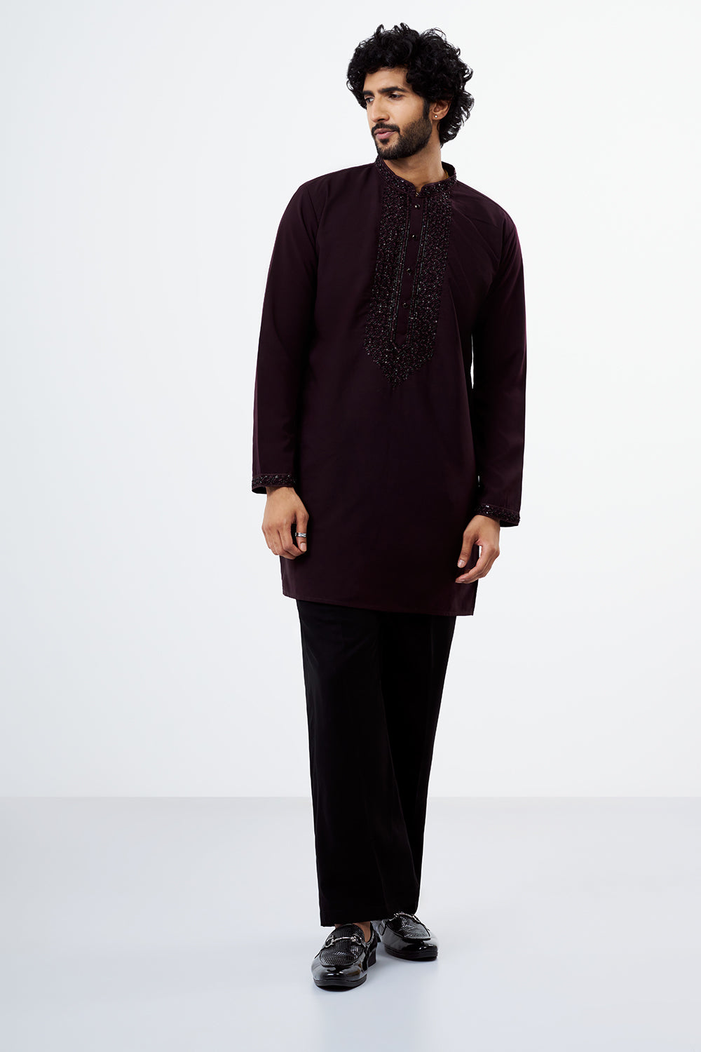 Wine Embroidered Polyester Cotton Men's Kurta Set