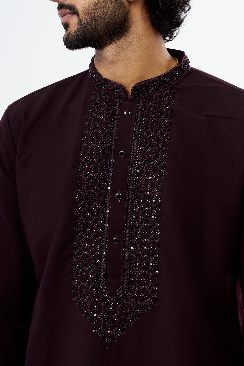 Wine Embroidered Polyester Cotton Men's Kurta Set