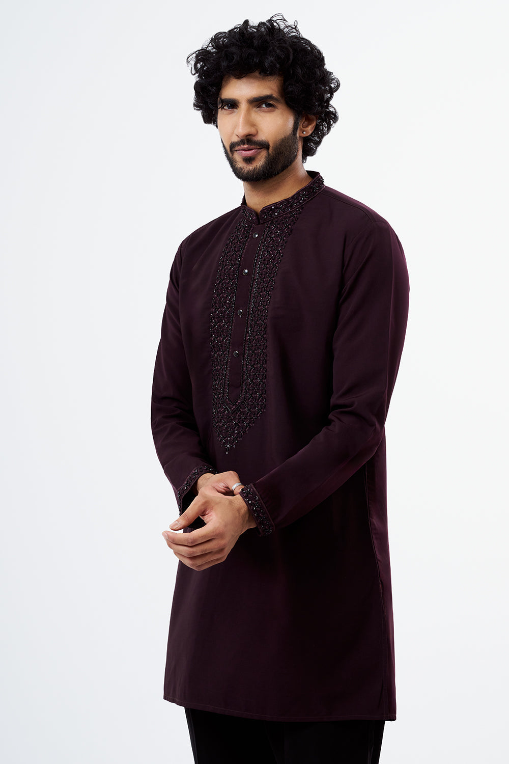 Wine Embroidered Polyester Cotton Men's Kurta Set