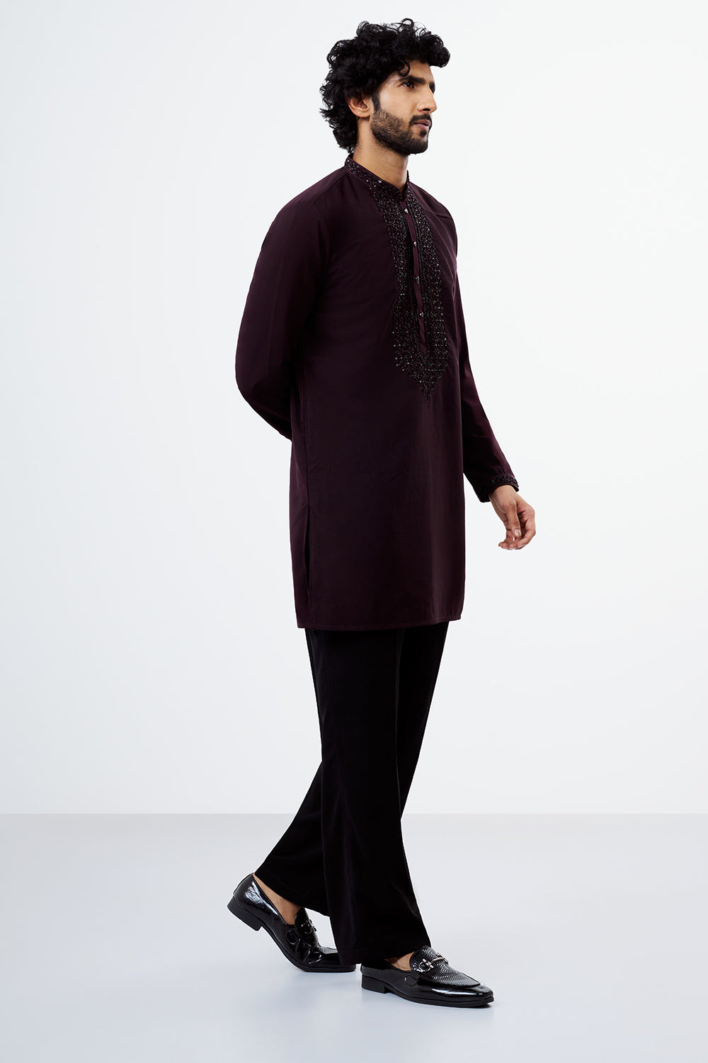 Wine Embroidered Polyester Cotton Men's Kurta Set