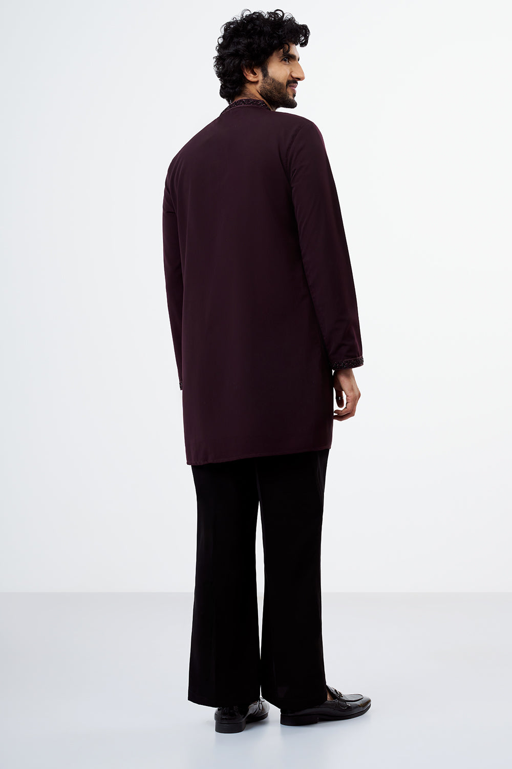Wine Embroidered Polyester Cotton Men's Kurta Set