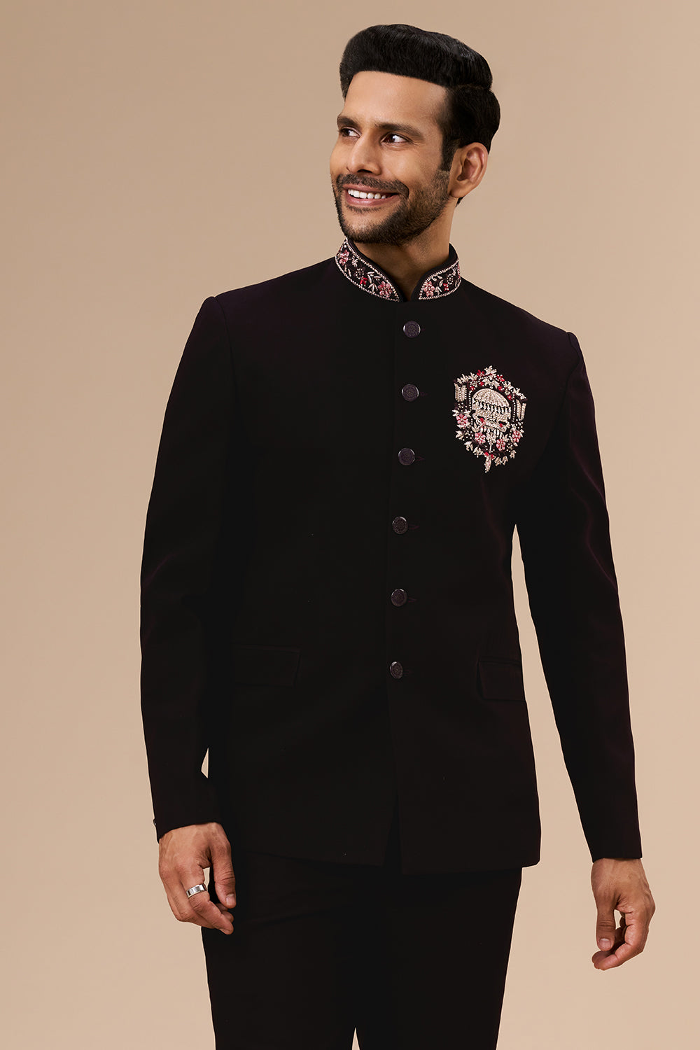 Wine Georgette Jodhpuri with Zari Medallian Motif