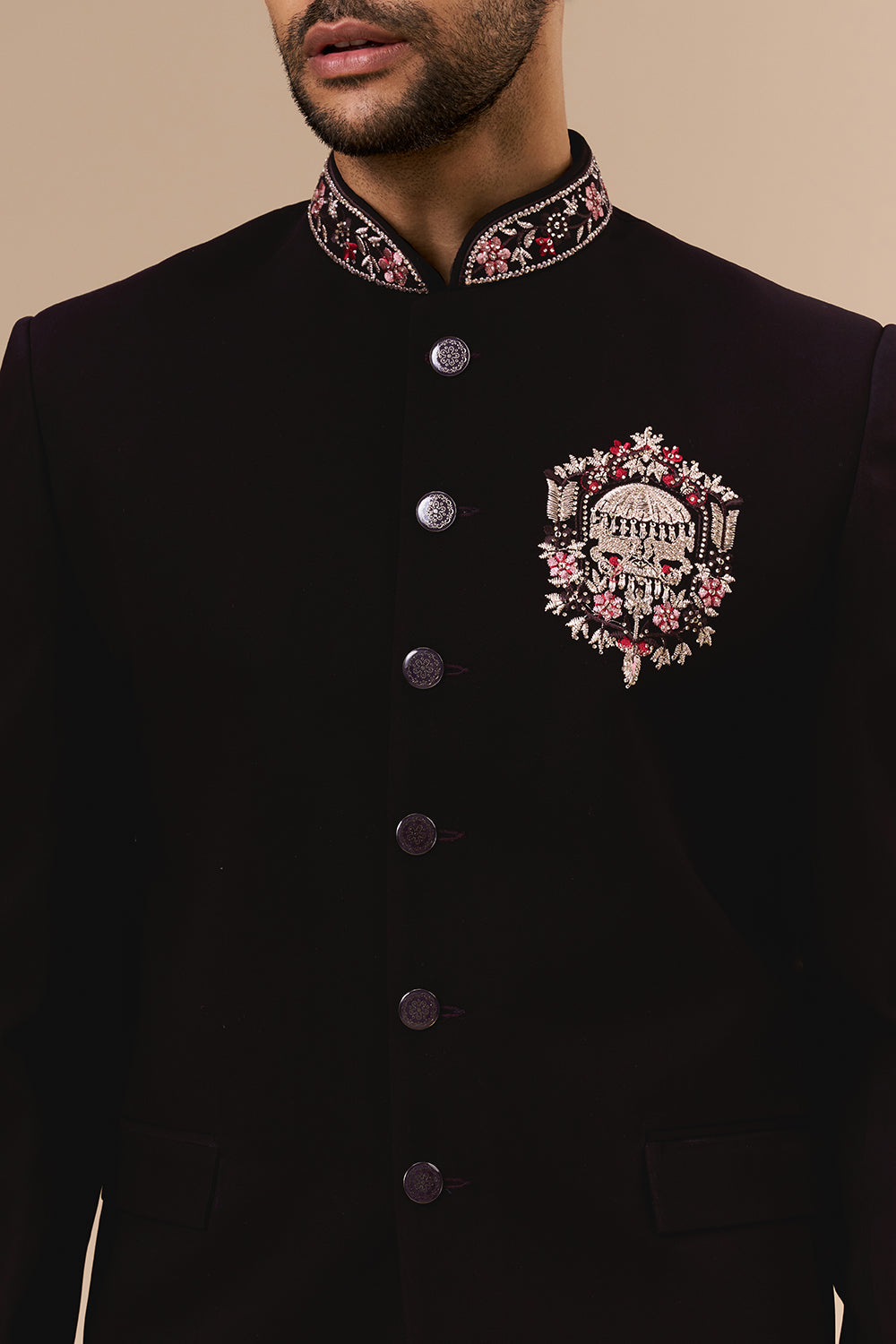 Wine Georgette Jodhpuri with Zari Medallian Motif