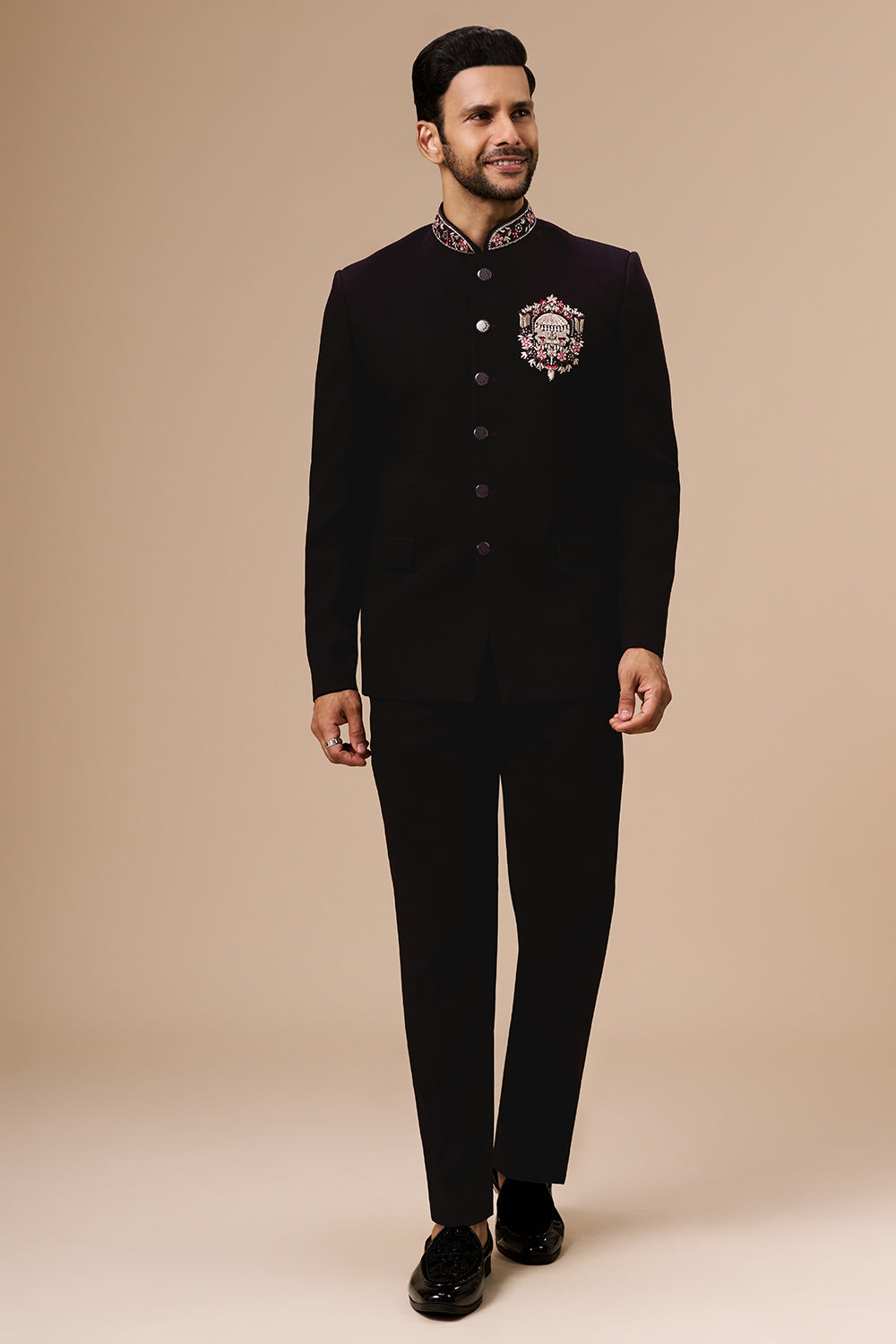 Wine Georgette Jodhpuri with Zari Medallian Motif